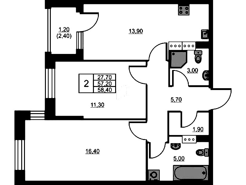 2-комнатная квартира 58.4 м², 11/13 эт., ЖК «Тайм Сквер»